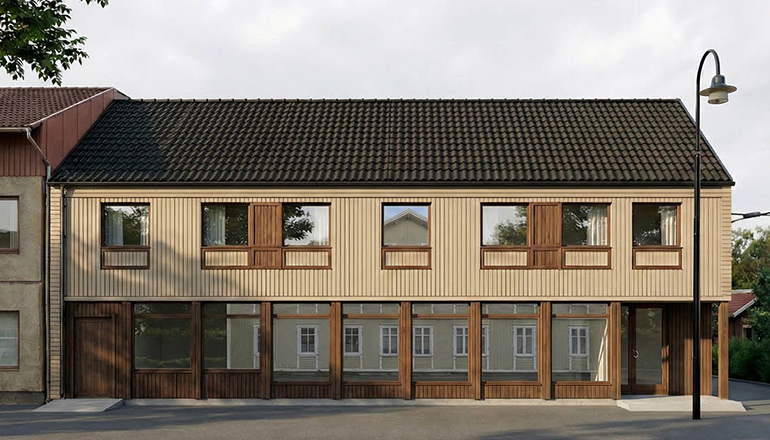 Illustration av tvåvåningshus, brunt nertill och beige övervåning. Sett från gatan.