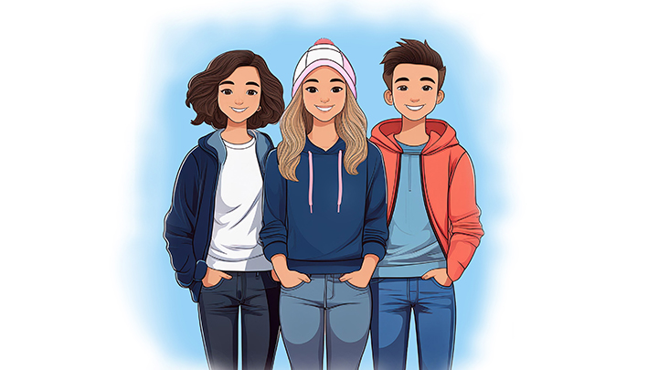 Två tjejer och en kille står bredvid varandra. De är klädda i luvtröjor och jeans.