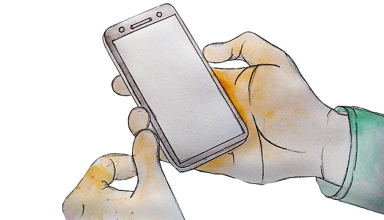 Illustration av händer som håller en mobiltelefon.